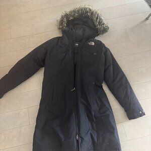 The North Face Women's Black Long Puffer Coat with Faux Fur Trimmed Hood